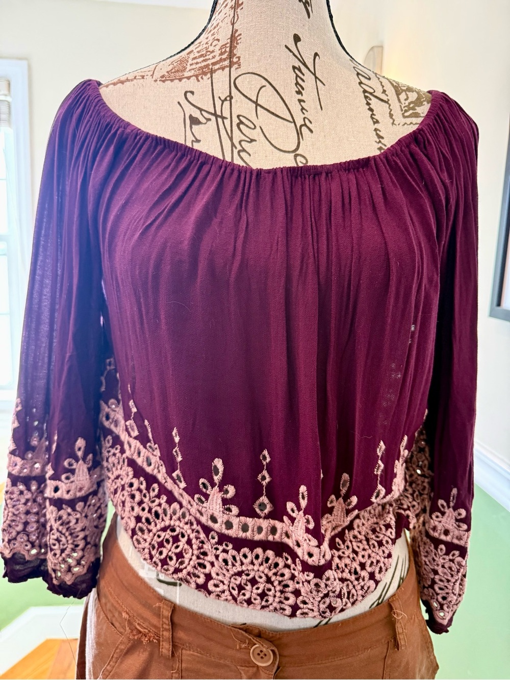 Women’s Off-Shoulder Embroidered Boho Top - Plum
